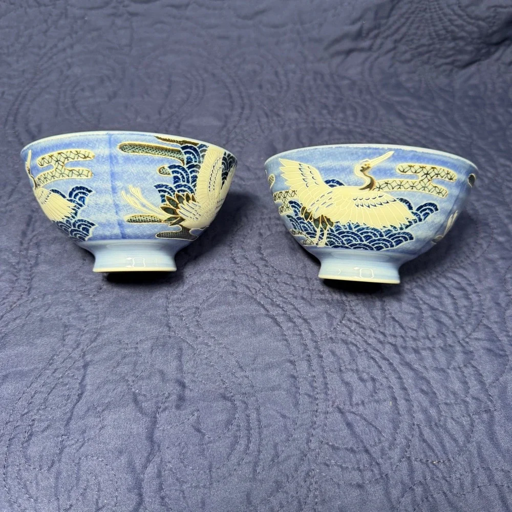 Lot Of 2 Mino ware Japanese Ceramics Rice Bowl Flying Crane made in Japan